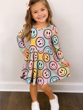 Kids Long Sleeve Smiley Face Pastel Twirl Dress